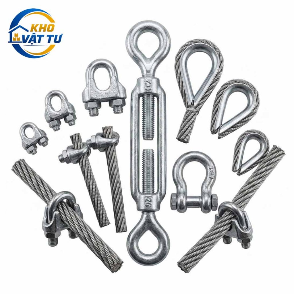 Phụ kiện cáp thép gồm kẹp cáp, tăng đơ và đầu nối