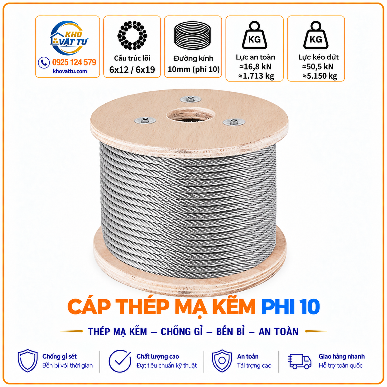 Cáp thép mạ kẽm phi 10 (D10)