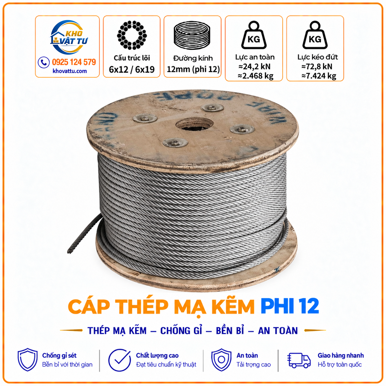 Cáp thép mạ kẽm phi 12 (D12)