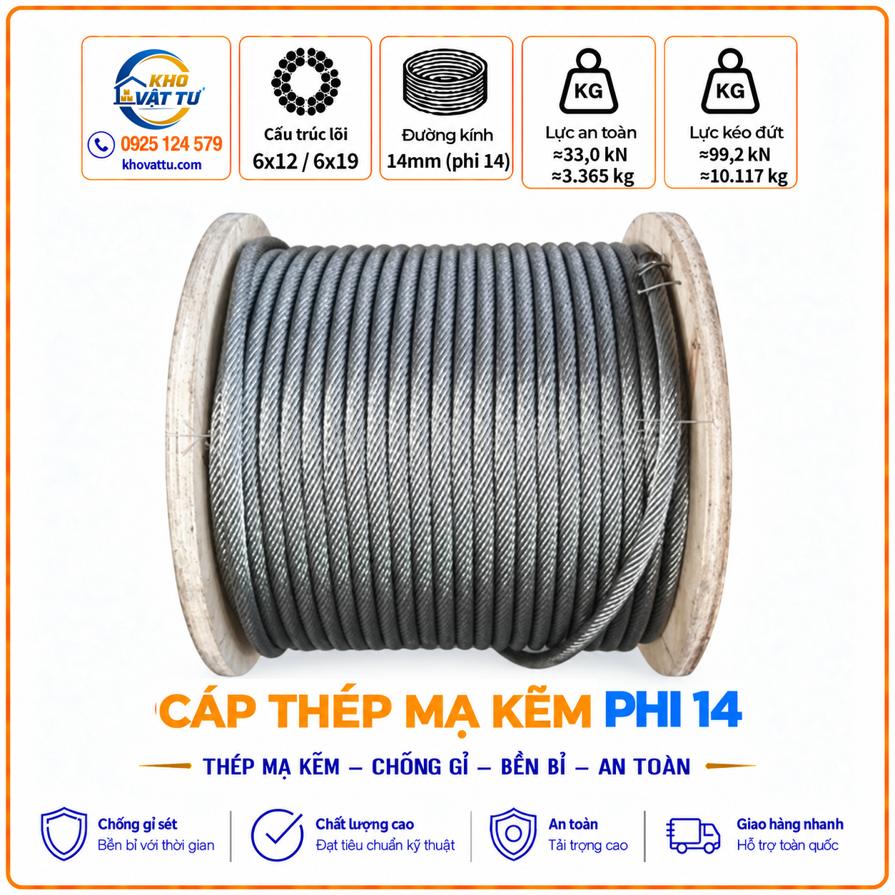 Cáp thép mạ kẽm phi 14 (D14)