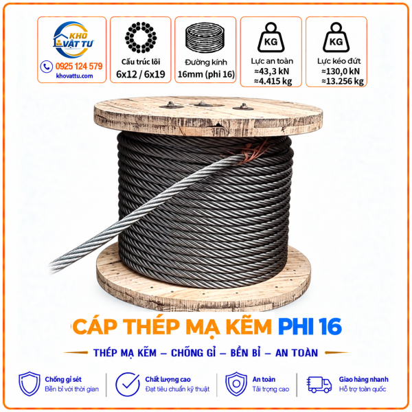 Hình sản phẩm cáp thép mạ kẽm phi 16 D16 do Kho Vật Tư cung cấp