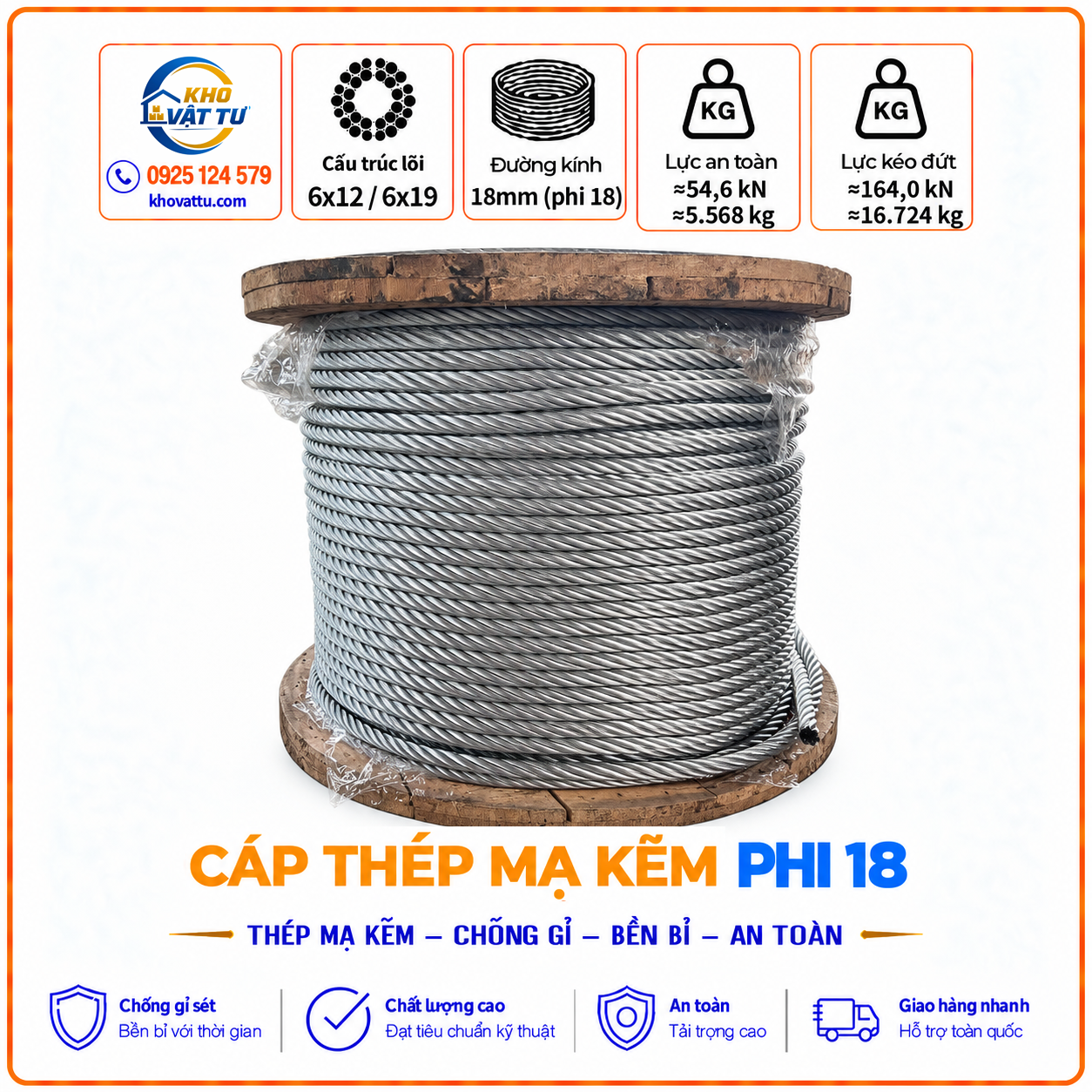 Cáp thép mạ kẽm phi 18 (D18)