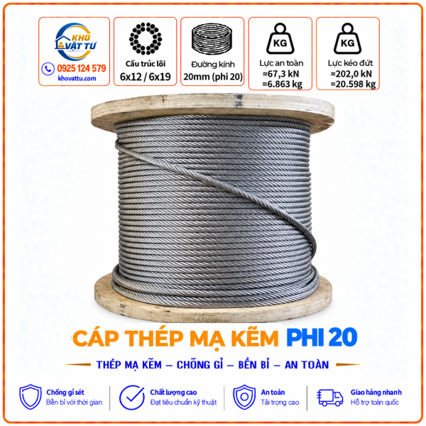 Hình sản phẩm cáp thép mạ kẽm phi 20 D20 do Kho Vật Tư cung cấp