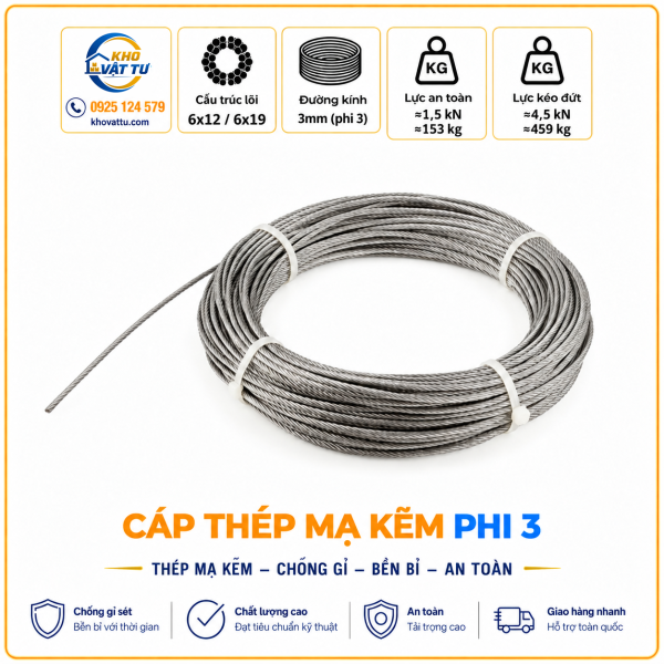 Hình sản phẩm cáp thép mạ kẽm phi 3 D3 do Kho Vật Tư cung cấp