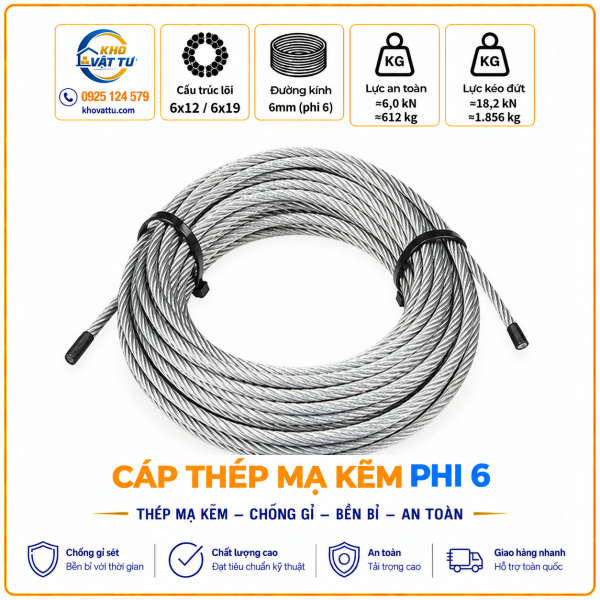 Hình sản phẩm cáp thép mạ kẽm phi 6 D6 do Kho Vật Tư cung cấp