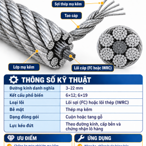 Minh họa cấu tạo cáp thép mạ kẽm gồm sợi thép, tao cáp và lõi