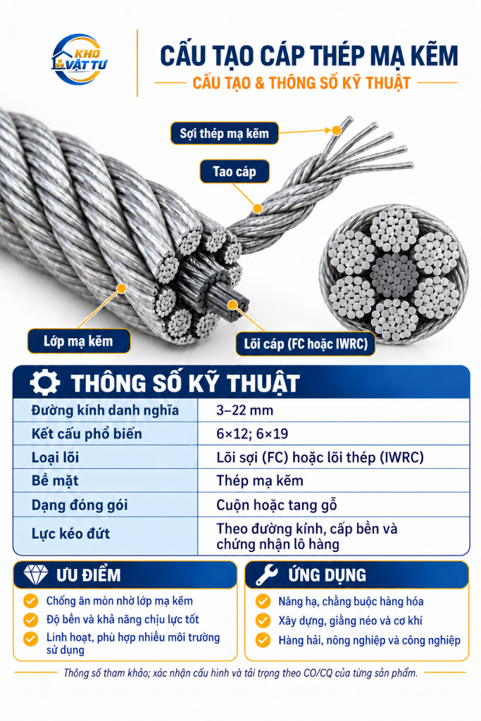 Minh họa cấu tạo tao cáp thép mạ kẽm và loại lõi