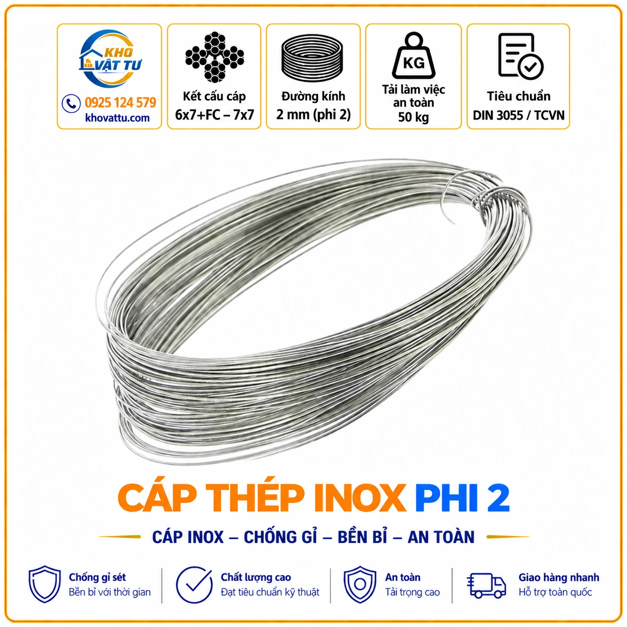 Cáp thép inox phi 2 và thông số kỹ thuật