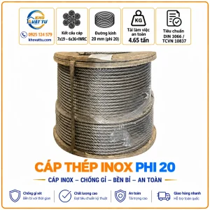 Cáp thép inox phi 20 mm và thông số kỹ thuật
