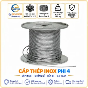 Cáp thép inox phi 4 mm và thông số kỹ thuật