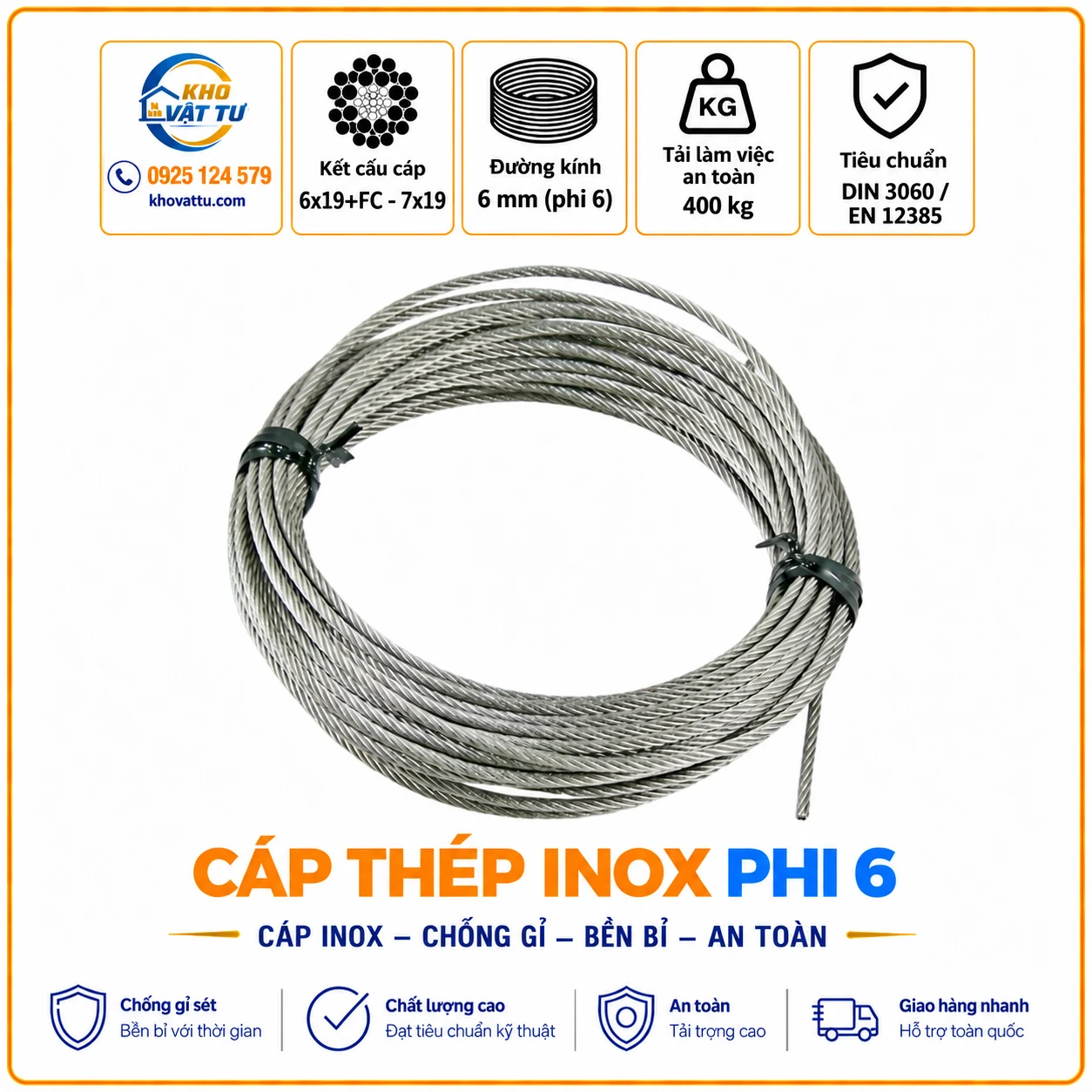 Cáp thép inox phi 6 và thông số kỹ thuật