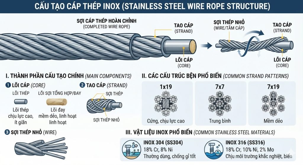 Sơ đồ cấu tạo chung của cáp thép inox