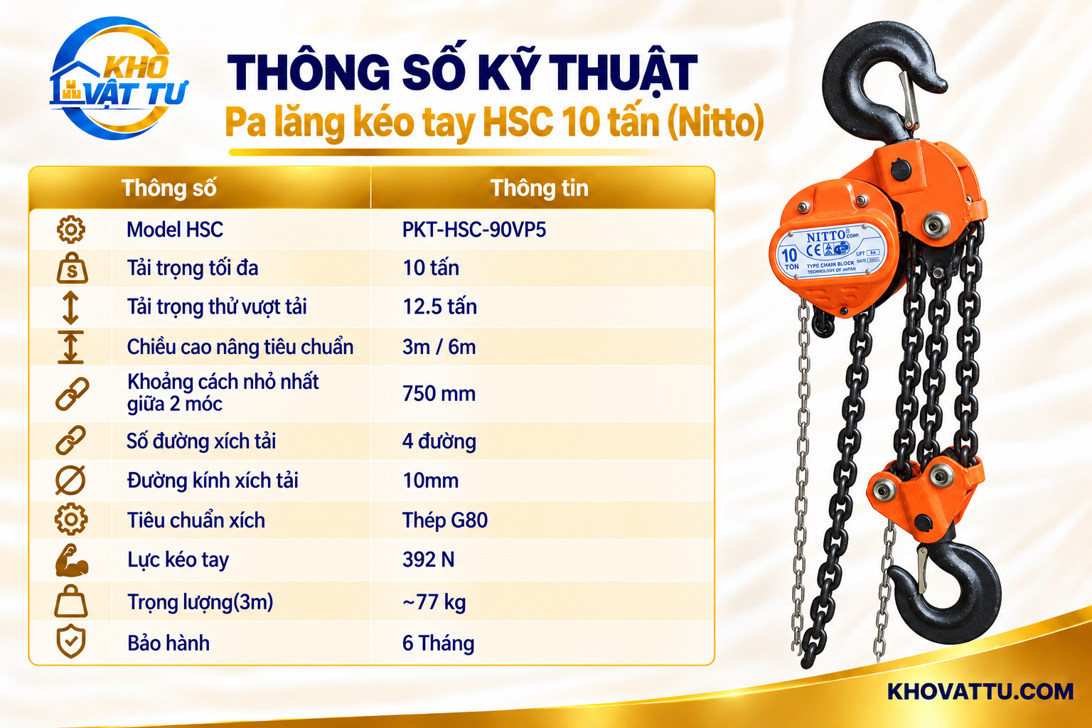 Thông số kỹ thuật pa lăng kéo tay HSC Nitto 10 tấn