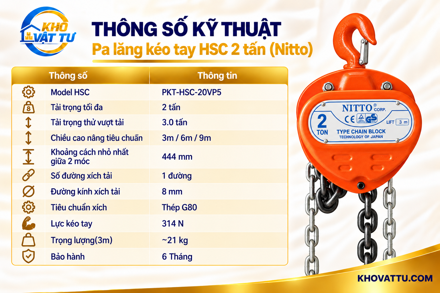 Thông số kỹ thuật pa lăng kéo tay HSC Nitto 2 tấn
