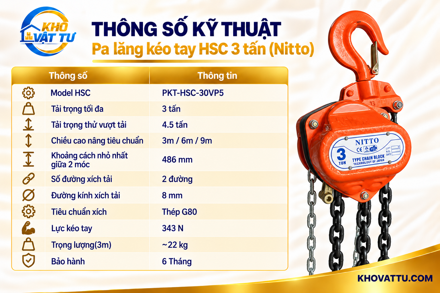 Thông số kỹ thuật pa lăng kéo tay HSC Nitto 3 tấn