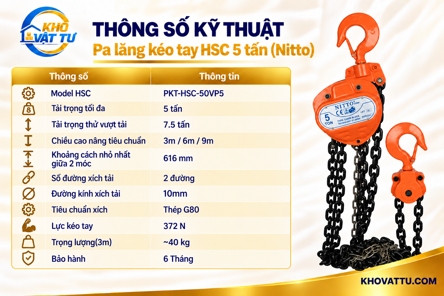 Thông số kỹ thuật pa lăng kéo tay HSC Nitto 5 tấn