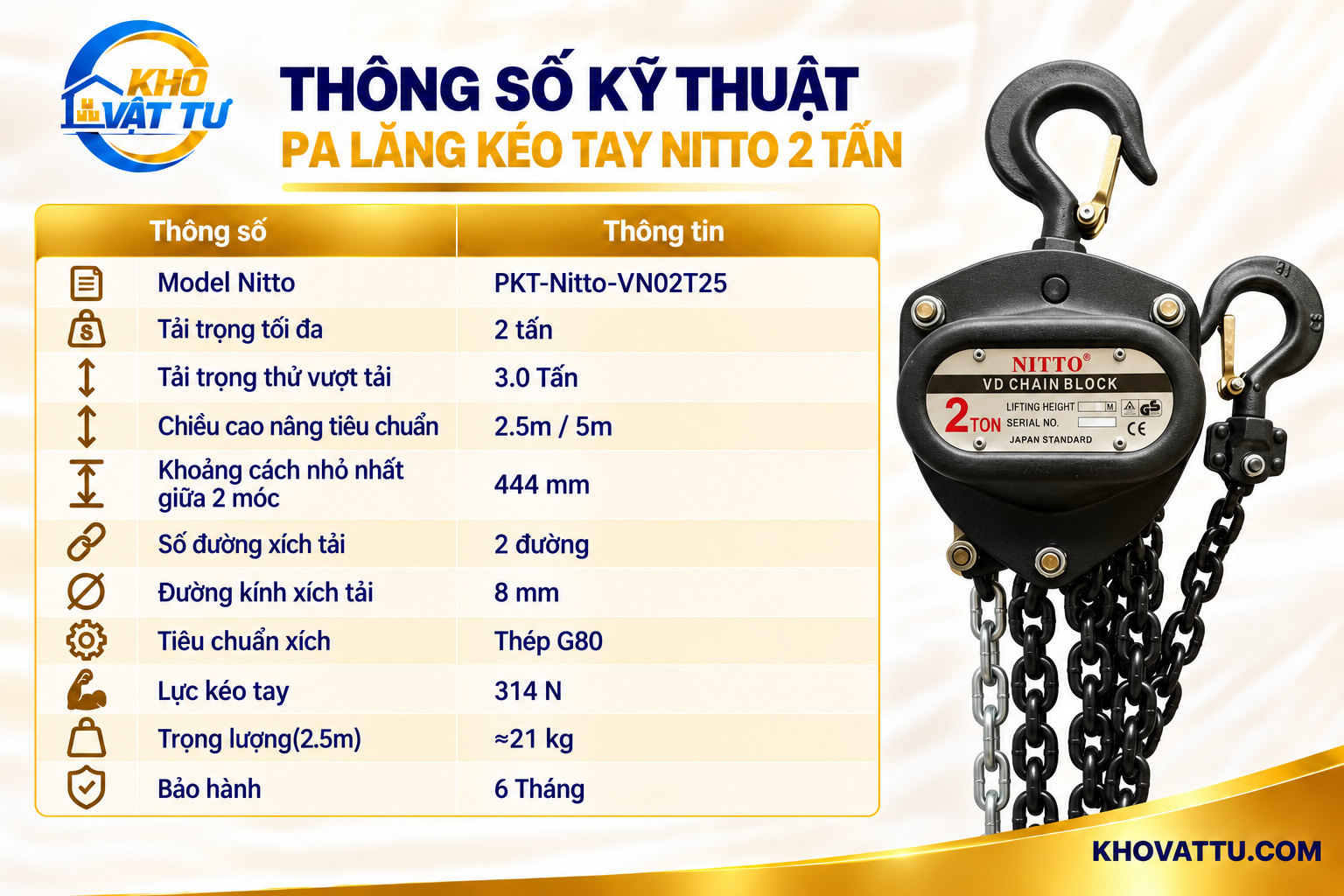 Bảng thông số kỹ thuật Pa lăng kéo tay Nitto 2 tấn