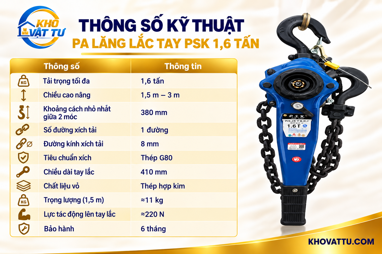 Thông số kỹ thuật pa lăng lắc tay PSK 1.6 tấn