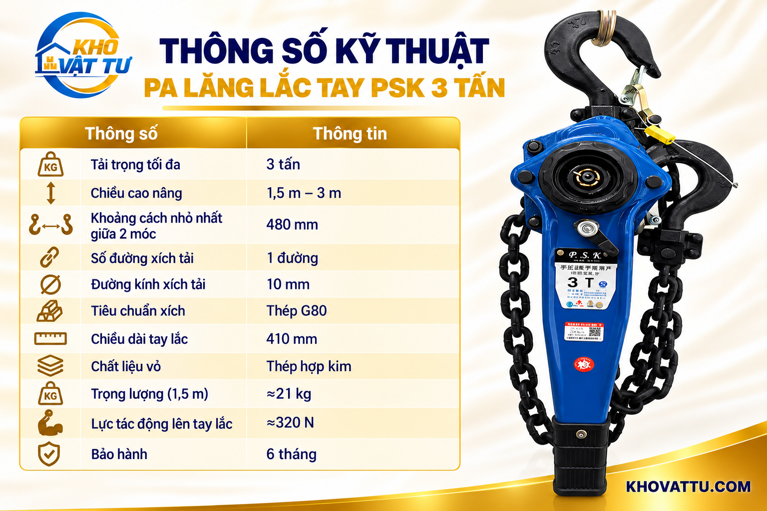 Thông số kỹ thuật pa lăng lắc tay PSK 3 tấn