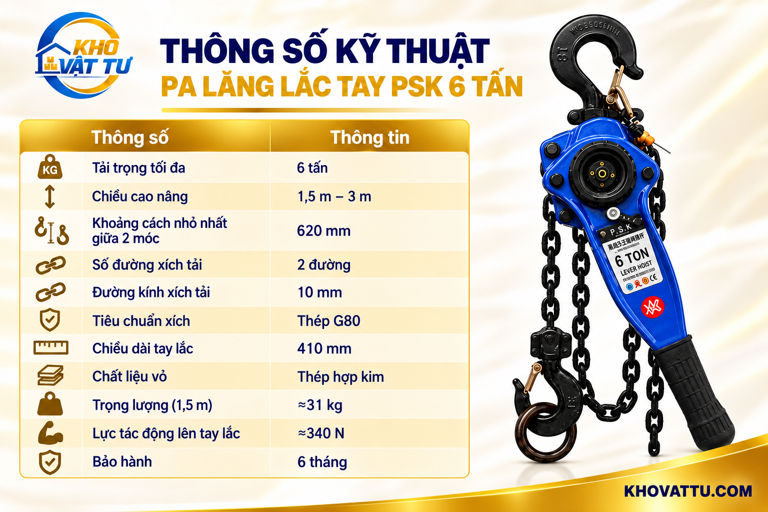 Thông số kỹ thuật pa lăng lắc tay PSK 6 tấn