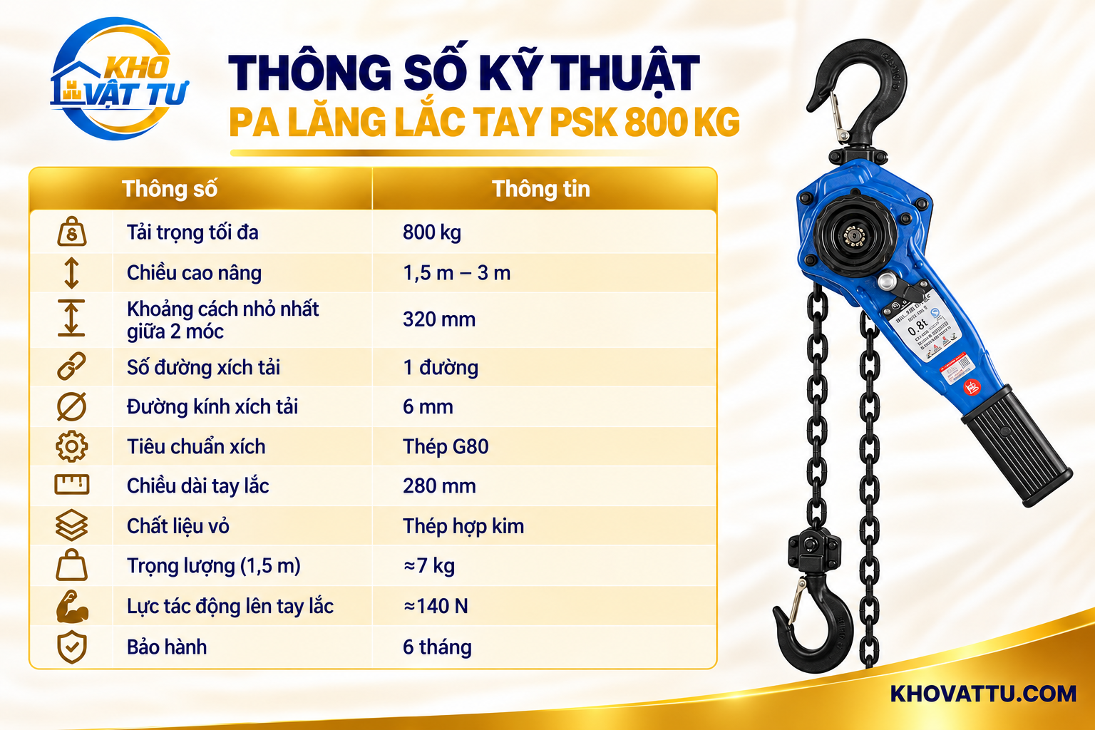 Thông số kỹ thuật pa lăng lắc tay PSK 800kg